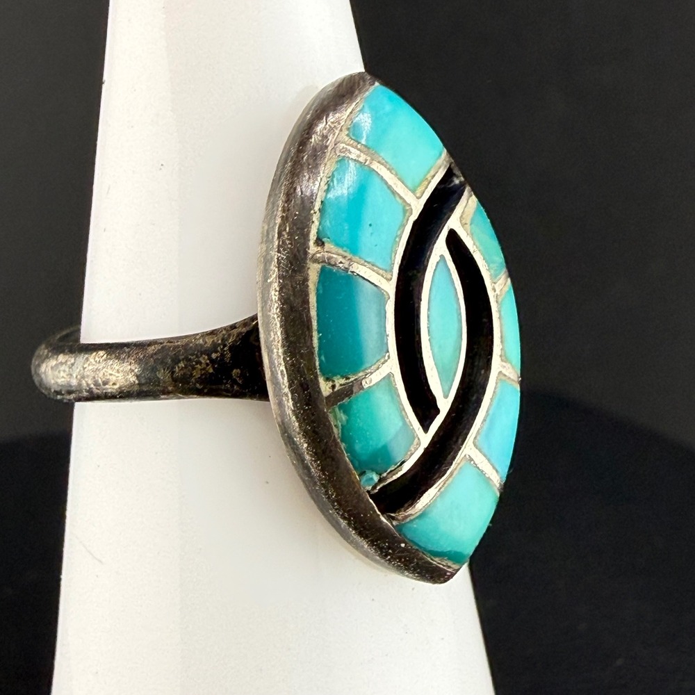 Vintage Signed Inlay Marquise Ring Turquoise Black Geometric Southwest 5.5